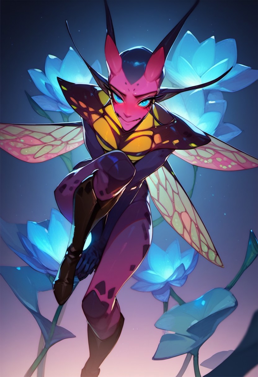 score_9, score_8_up, score_7_up, score_6_up, dark faerie, flying at night, beautiful face, heavy black boots, highly detailed, blue lotus blossom, insect wings, twisting brambles, monster boy, perfect eyes looking at viewer, cyan and magenta, colored skin,