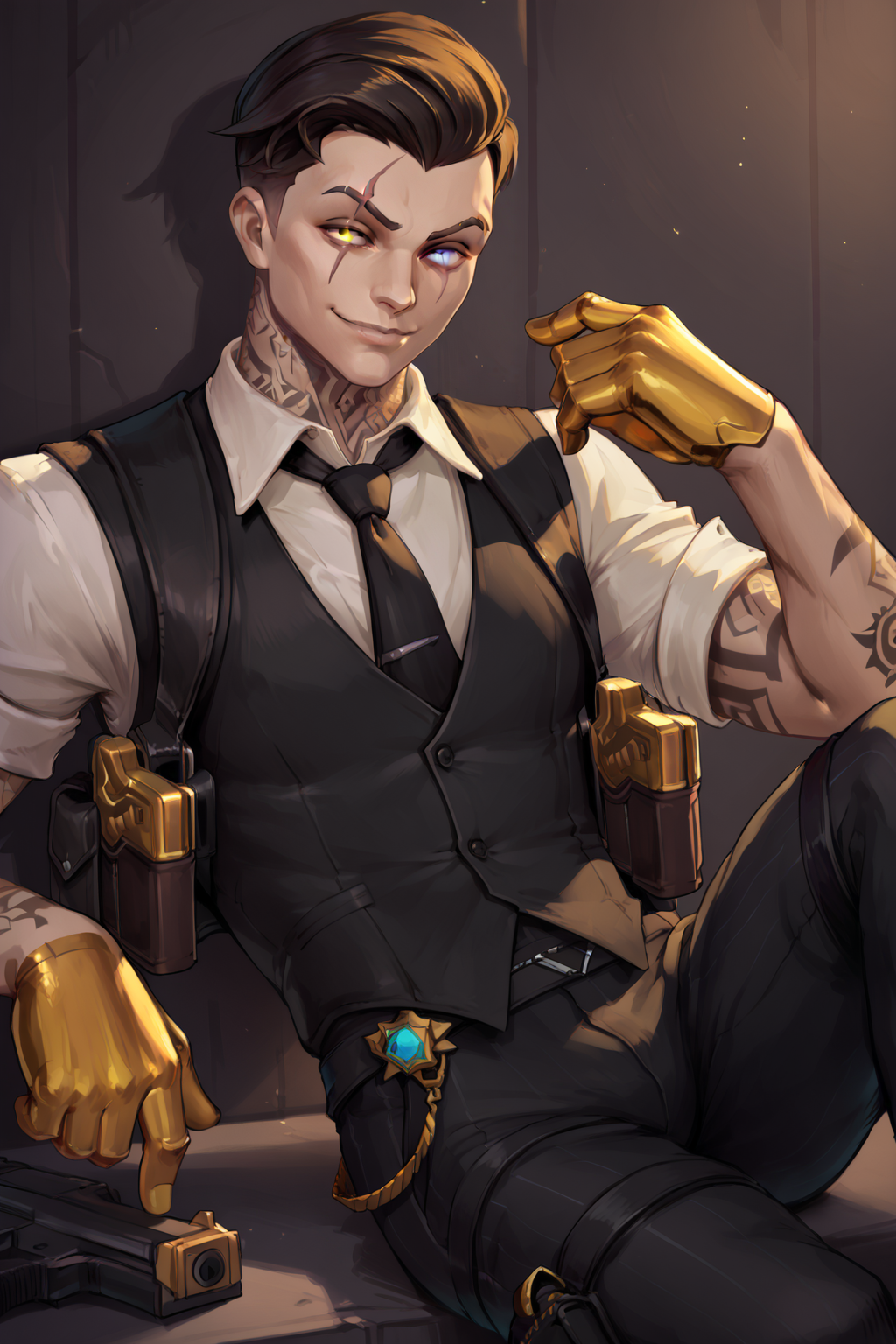 score_9, score_8_up, score_7_up, masterpiece, high quality, BREAK
 <lora:Fortnite MidasPonyLoRA:0.8>mds, short hair, undercut, scar over eye, single white eye, heterochromia, collared shirt, tattoo, necktie, black vest, golden hands, arm tattoo, pants, holster,weapon, gun, dark room, sitting, smirk