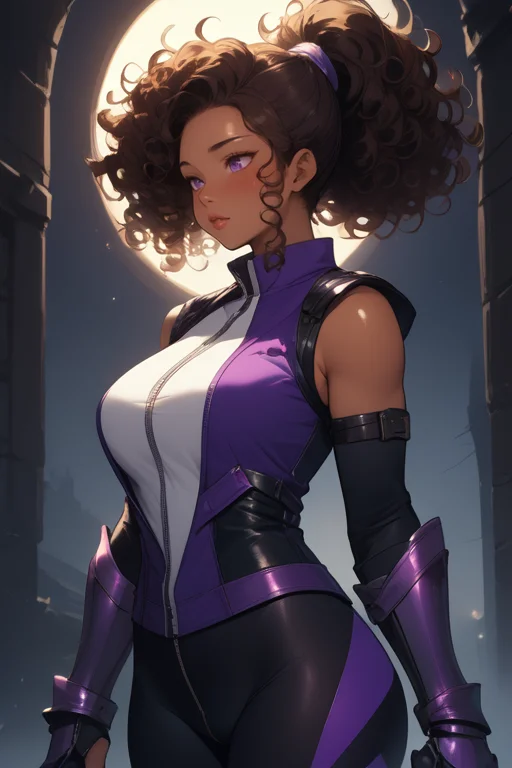 score_9,score_8_up,score_7_up,source_anime,Selena_Gorekki,solo,toned,(dark skin:1.2),large breasts,brown hair,(curly hair:1.4),(ponytail:1.5),forehead,purple eyes,lips,(shiny skin:1.2),(blush:1.2),white modern armor vest,looking down,sleeveless,halterneck,zipper,(iridescent black leggings) heavy texture,(iridescent purple gauntlets),(metal gauntlets),boots,Selena_Gorekki_Suit,
unzipping,hotel room,standing,window,night,(dark environment:1.5), gauntlets off, boots off,<lora:Selena_Gorekki_Battle_Suit:1>,