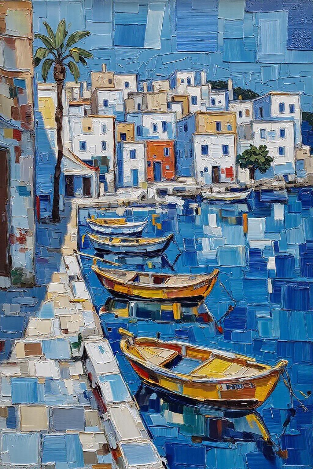 impasto oil painting. a vibrant blue body of water with a row of boats floating on it. The boats are painted in a variety of colors, including yellow, orange, and blue, creating a striking contrast against the backdrop of the scene. To the left of the boats, a concrete walkway extends into the water, adding a touch of depth to the composition. In the distance, a palm tree casts a shadow on the water's surface. The buildings in the background appear to be painted in shades of blue, white, and orange. <lora:impasto_nocap_d6a3:1.0> <lora:Flux-Sch-SingleBlocks-BF16:1.0><lora:802436604280125810:0>