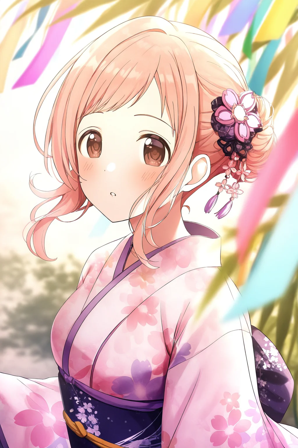 <lora:SakuragiMano:0.8>, Sakuragi Mano, 1girl, solo, japanese clothes, kimono, floral print, blurry background, yukata, print kimono, sash, obi, hair ornament, upper body, tanabata, floating hair, hair bun, depth of field, parted lips, blush, outdoors, wide sleeves, blurry foreground