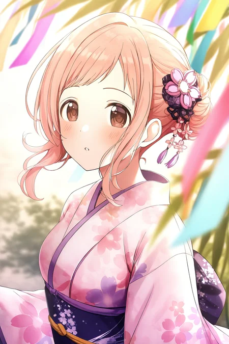 <lora:SakuragiMano:0.8>, Sakuragi Mano, 1girl, solo, japanese clothes, kimono, floral print, blurry background, yukata, print kimono, sash, obi, hair ornament, upper body, tanabata, floating hair, hair bun, depth of field, parted lips, blush, outdoors, wide sleeves, blurry foreground