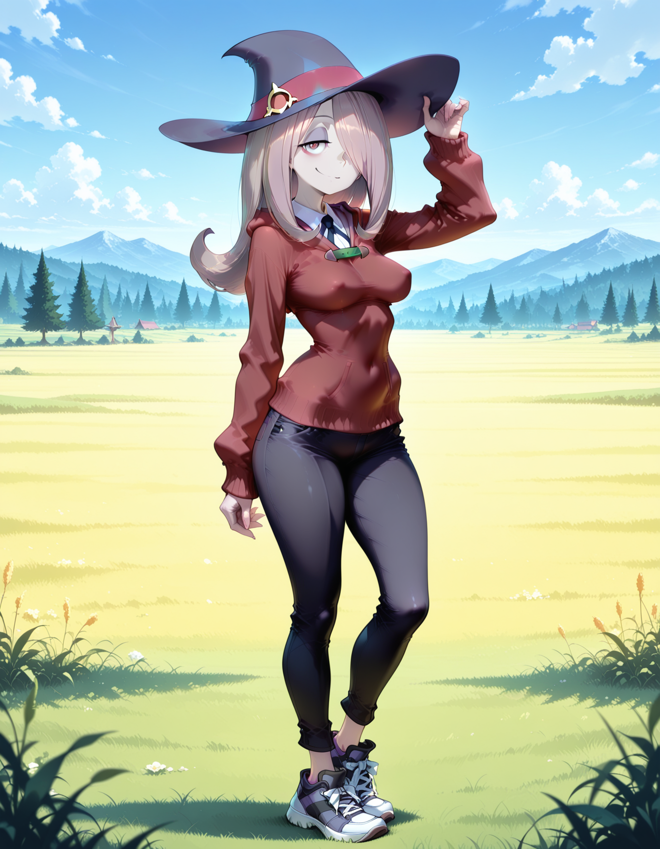 female character concept,fabulous artwork,best quality,high resolution,Low and wide breasts,Narrow-hipped body,split-complementary color,Red sweater,black pants,and sneakers,Hand on hat brim,Serene meadow,Sucy Manbavaran from Little Witch Academia