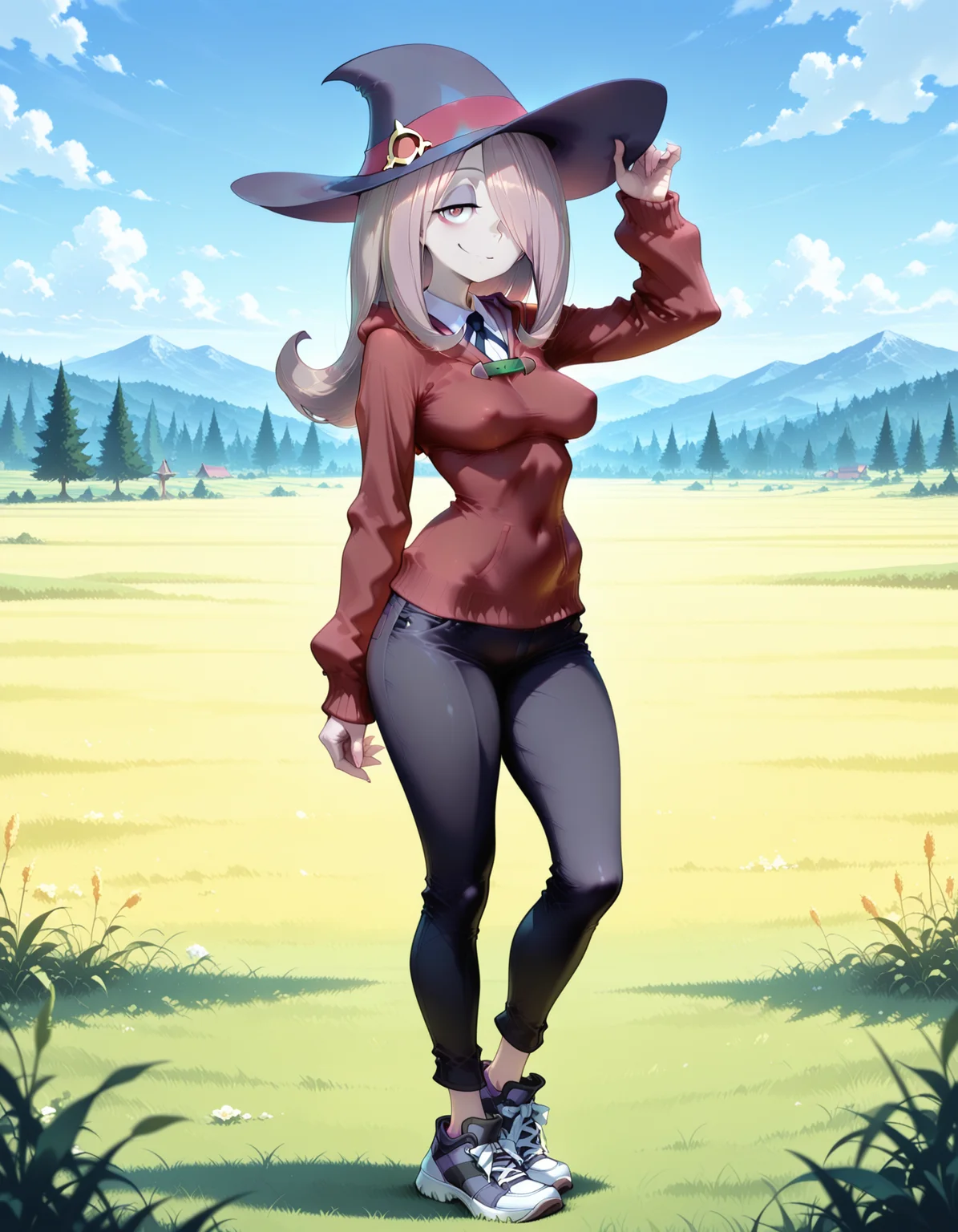 female character concept,fabulous artwork,best quality,high resolution,Low and wide breasts,Narrow-hipped body,split-complementary color,Red sweater,black pants,and sneakers,Hand on hat brim,Serene meadow,Sucy Manbavaran from Little Witch Academia