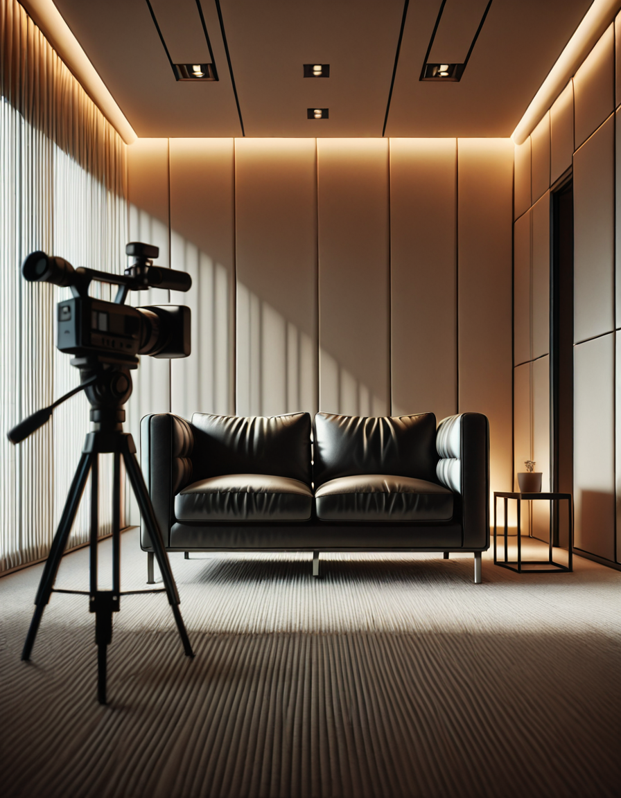 A high-quality, realistic photograph of a modern casting office interior featuring a simple black leather couch positioned against a plain white wall. The couch is sleek, clean, and minimalist in design, with smooth cushions and subtle stitching details. In front of the couch is a small, low wooden coffee table with a few neatly stacked magazines and a glass of water. To the side, there's a professional camera on a tripod aimed at the couch, with softbox lights set up to provide balanced, diffused lighting, eliminating harsh shadows. The floor is covered with light gray carpet, adding a soft texture to the scene. The atmosphere is quiet and neutral, resembling a professional interview space. The overall composition is centered and symmetrical, with a clear focus on the furniture and equipment. No people are present. The photograph has a natural daylight tone coming from an unseen window, giving a soft, ambient glow to the room.
<lora:SDXLFaeTastic2400:0.4> <lora:extremely_detailed:0.4> extremely detailed, <lora:C4st1ng_c0uch-i:1>,C4st1ng c0uch, Masterpiece,best quality,hi res,8k,hi res,8k,award winning,(sharp focus, intricate, highly detailed),