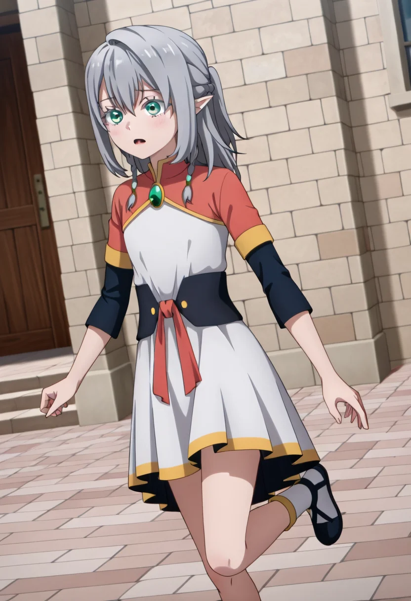 <lora:Young Tessia_IL:1>Young Tessia, 1girl, gray hair, pointed ears, elf, green eyes, white asymmetrical dress with yellow trim, red sash waist tie, black long-sleeve undershirt, green gem pendant necklace, white thigh-high socks, black crisscross strap shoes
 Urban courtyard with cherry blossom trees