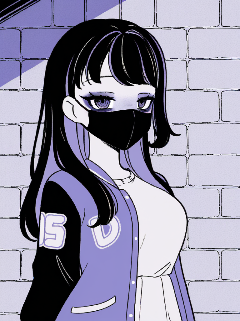 1girl, monochrome, purple theme, 

black hair, long hair, two tone hair, purple hair,

standing, upper body, brick wall,
looking at viewer, black mask, mouth mask, narrowed eyes, bags under eyes,

white t-shirt, varsity jacket, 
