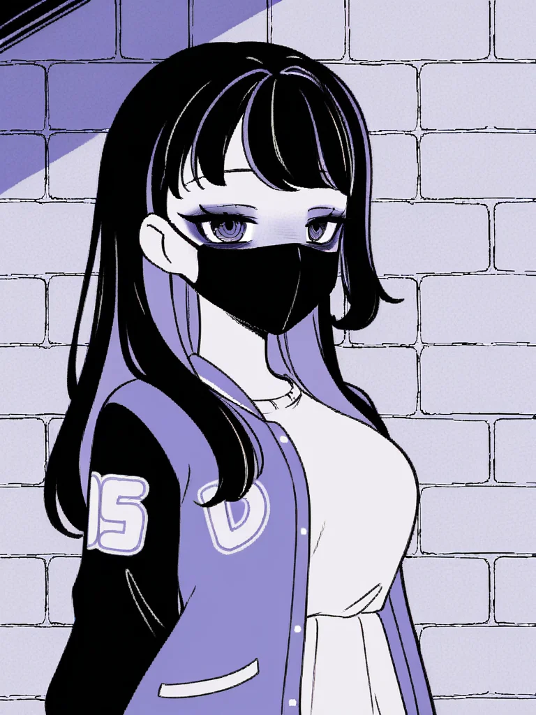 1girl, monochrome, purple theme,
black hair, long hair, two tone hair, purple hair,
standing, upper body, brick wall,
looking at viewer, black mask, mouth mask, narrowed eyes, bags under eyes,
white t-shirt, varsity jacket,