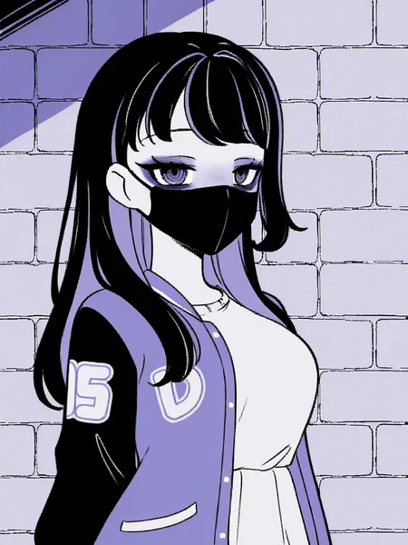 1girl, monochrome, purple theme,
black hair, long hair, two tone hair, purple hair,
standing, upper body, brick wall,
looking at viewer, black mask, mouth mask, narrowed eyes, bags under eyes,
white t-shirt, varsity jacket,