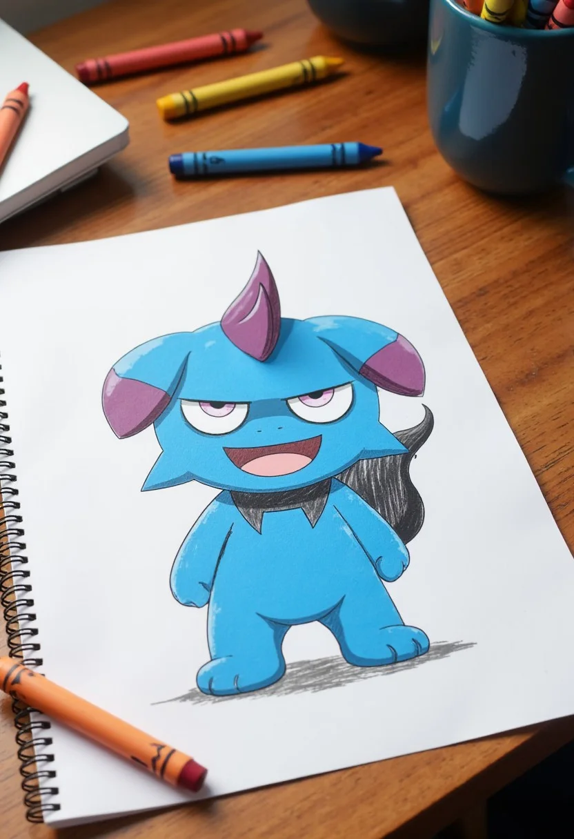 paper on a table with messy crayon drawing. blue Depresso is depicted on the drawing with big happy smile on its face