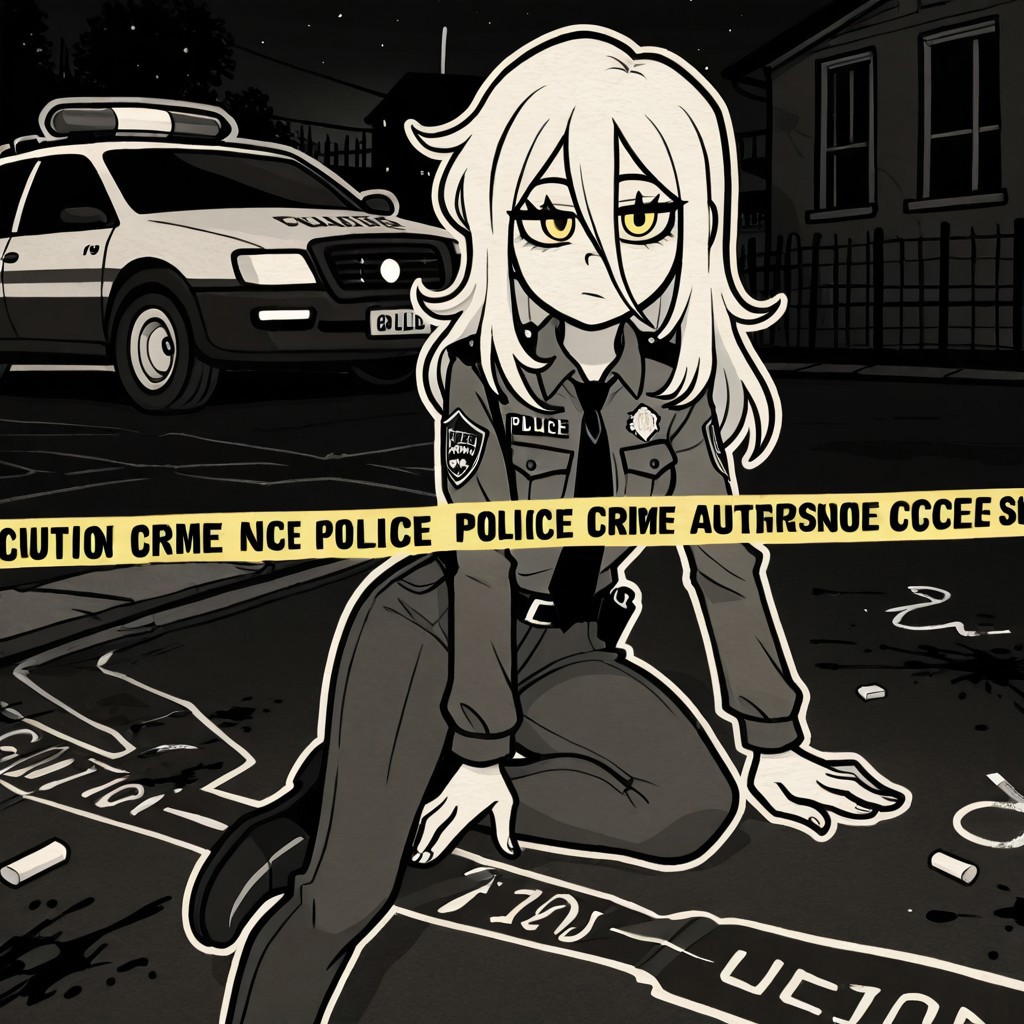 (cofanl style, monochrome, outline, white outline) (best quality, intricate details, extremely detailed, high resolution) (murder outline in background, murder scene, crime scene investigation, blood splatter, chalk outline, body outline, caution tape, little yellow cones with numbers on them, outside the house, on the street, night, police cars, 1girl, policewoman outfit, white skin, golden eyes, inexpressive, white hair, long hair, in front of a police car, looking to viewer)