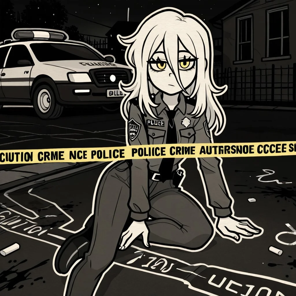 (cofanl style, monochrome, outline, white outline) (best quality, intricate details, extremely detailed, high resolution) (murder outline in background, murder scene, crime scene investigation, blood splatter, chalk outline, body outline, caution tape, little yellow cones with numbers on them, outside the house, on the street, night, police cars, 1girl, policewoman outfit, white skin, golden eyes, inexpressive, white hair, long hair, in front of a police car, looking to viewer)