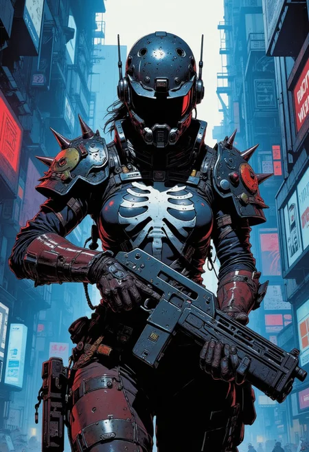 blue and red contrast lighting, dynamic viewpoint, dynamic angle, Woman wearing death themed powered armor with a faceless black and white visor, ribcage style cuirass, spiked pauldrons, holding a futuristic rifle, ((cyberpunk industrial complex background))