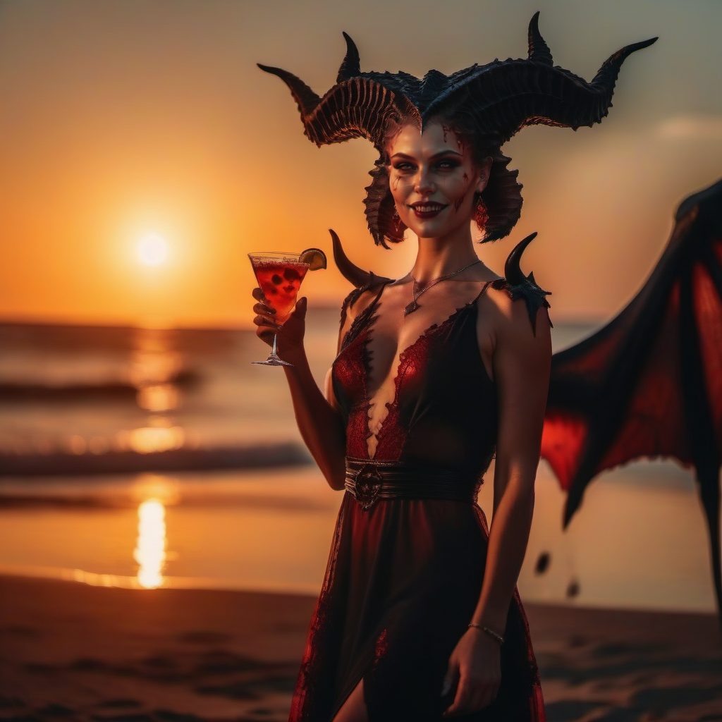 cinematic photo full body portrait of  an elegant 1girl, smile, breast, demon horns, demon wings, blood, summer dress, having a cocktail on the beach, sunset <lora:Diablo4-1024:0.8> . 35mm photograph, film, bokeh, professional, 4k, highly detailed