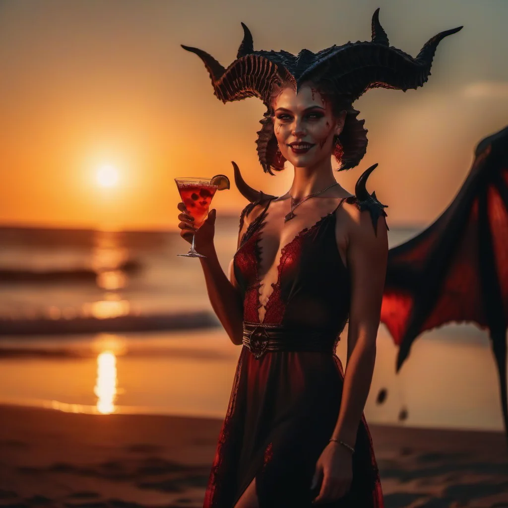 cinematic photo full body portrait of an elegant 1girl, smile, breast, demon horns, demon wings, blood, summer dress, having a cocktail on the beach, sunset <lora:Diablo4-1024:0.8> . 35mm photograph, film, bokeh, professional, 4k, highly detailed