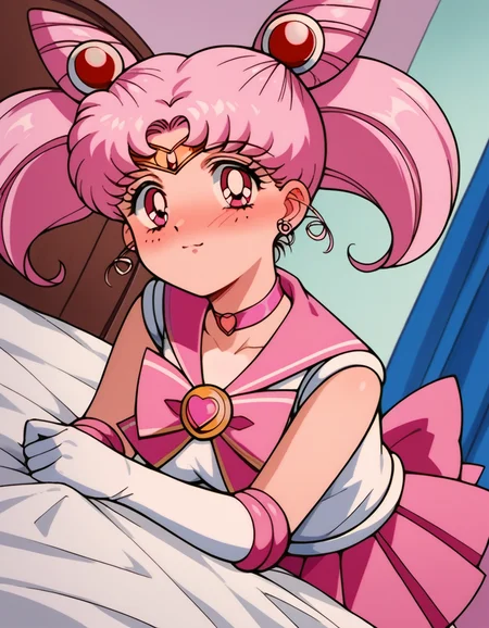 score_9, score_8_up, score_7_up, source_anime, <lora:chibiusa-tsukino-s3-ponyxl-lora-nochekaiser:1>, chibiusa, cone hair bun, double bun, hair bun, hair ornament, pink eyes, pink hair, short hair, twintails, circlet, parted bangs,, bow, brooch, choker, earrings, elbow gloves, gloves, heart, heart brooch, magical girl, pink bow, pink choker, pink sailor collar, pink skirt, pleated skirt, sailor collar, sailor senshi uniform, skirt, stud earrings, white gloves,, indoors, bed, bed room, on side, blush, drunk, looking at viewer, solo,, cowboy shot, dutch angle