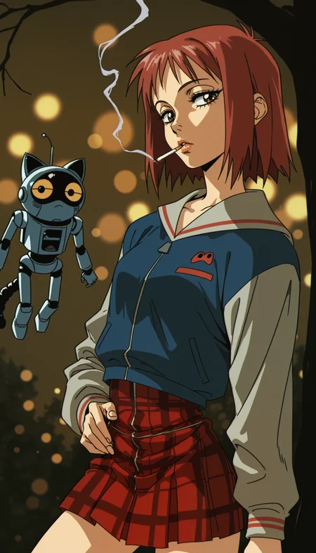 (cowboy shot, flcl, dandadan, seductive, narrowed_eyes, retro, retro_artstyle, 1990s_\(style\), sketch, blurry, bokeh, retro, vhs_filter, vhs_artifacts)
((FDK-Illu, flcl
samejima_mamimi 1girl brown_eyes cigarette full_body lips long_sleeves black_cat looking_at_viewer outdoors plaid_clothes plaid_skirt red_hair robot sailor_collar school_uniform short_hair skirt smoking tree ))