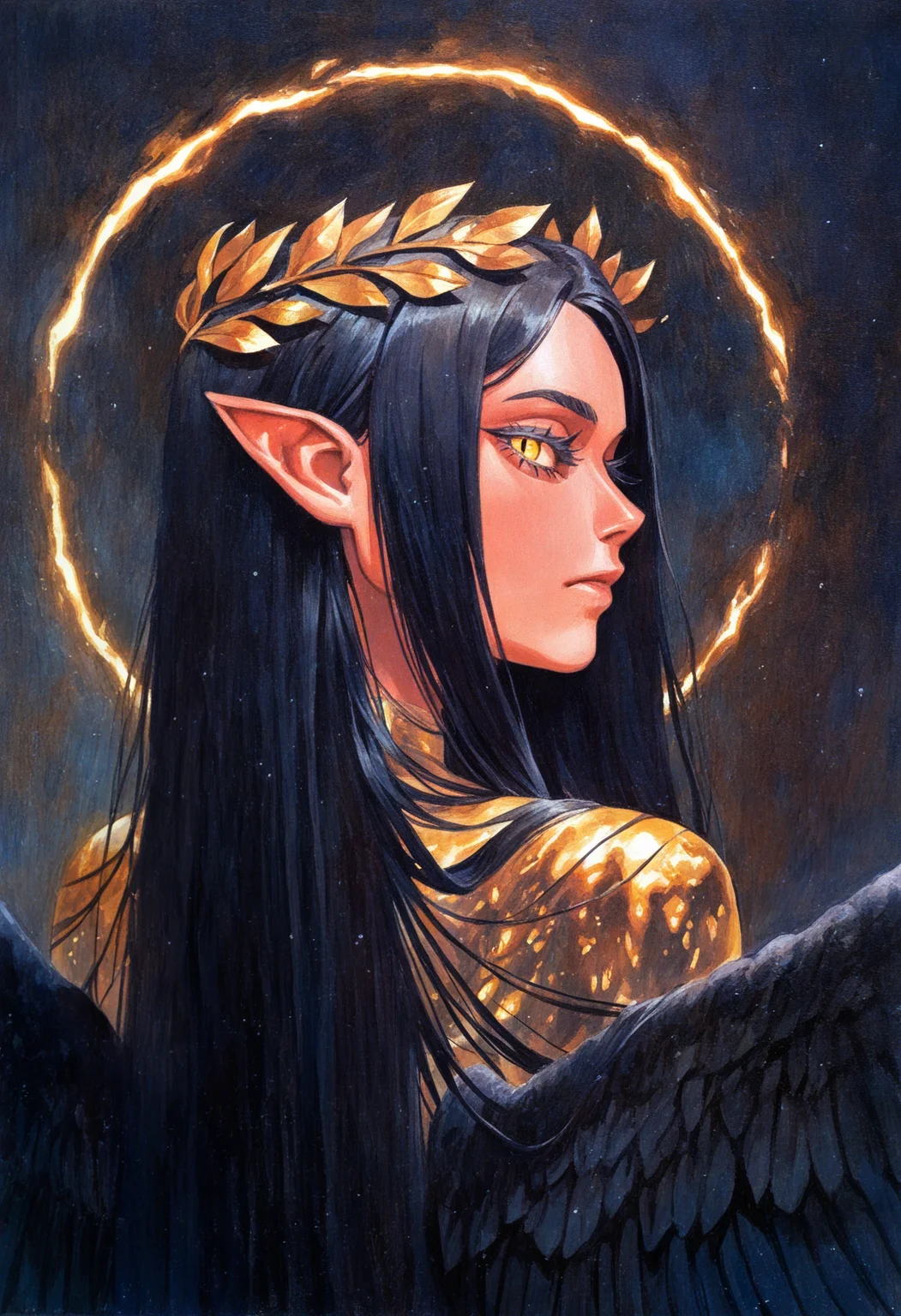 aestx, laurel crown, very awa, masterpiece, highres, absurdres, newest, year 2024, year 2023, 1girl, black hair, straight hair, looking back, sideways glance, staring, glowing yellow eyes, slit pupils, thick eyelashes, long eyelashes, glowing halo, winged halo, elf ears, glowing clothes, glowing eyes, black feathers, feathered wings, oil painting \(medium\), traditional media, <lora:96_chadmix_vpred10_1a.safetensors:1.0>,