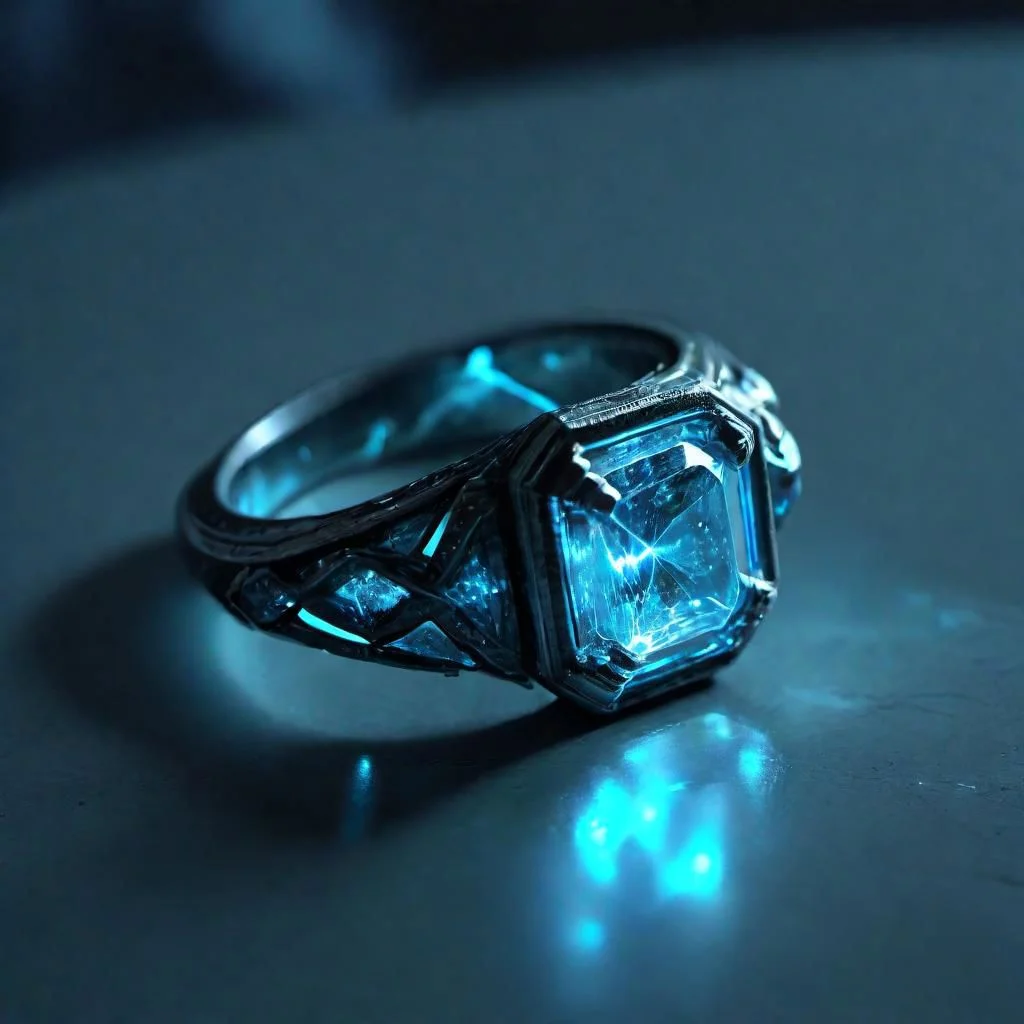 bioluminescent diamond ring, blue glowing metal, reflective,