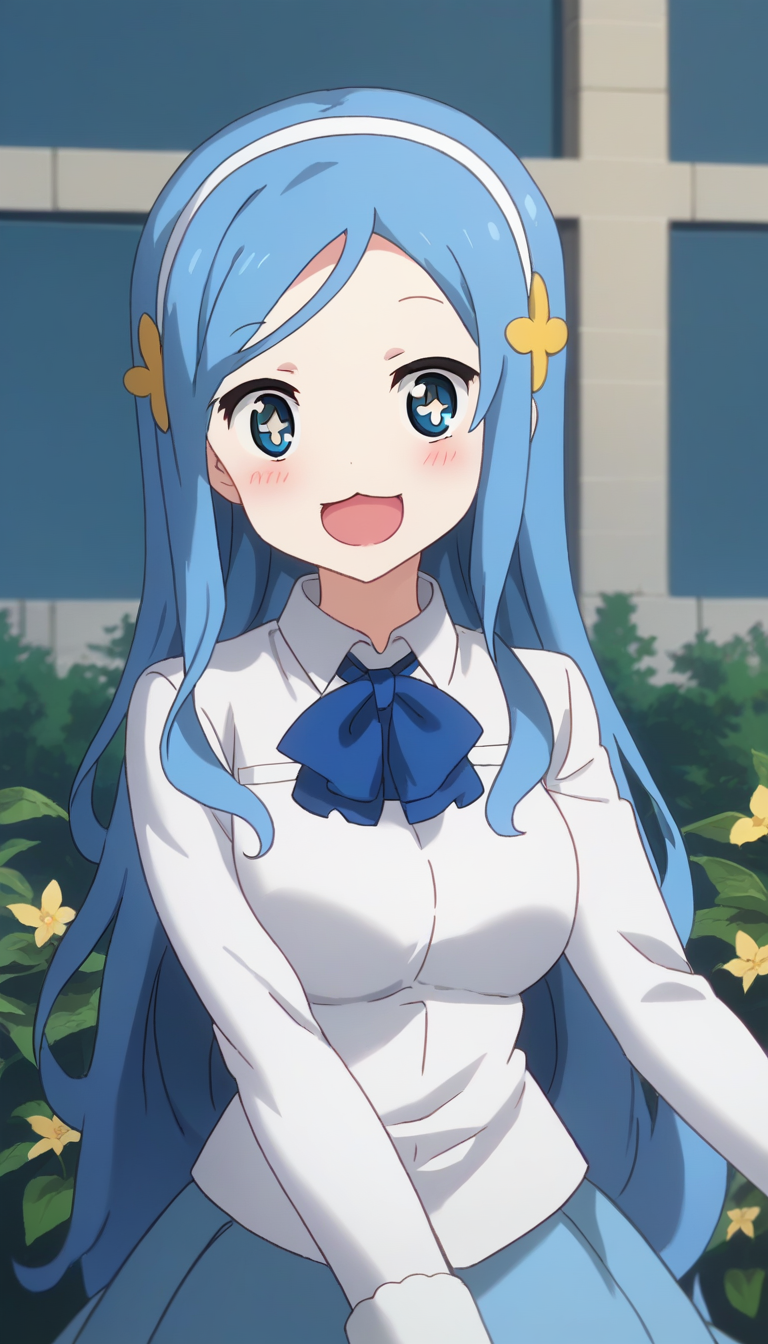 score_9,score_8_up,masterpiece,best quality,correct anatomy,anime_source,1girl,solo,perfect eyes,perfect arms,perfect legs,perfect face,outdoors,upper body,(portrait:1.5),looking at viewer,facing viewer,smile,:d,blush,Sylphynford Tachibana,very long hair,blue hair,hair ornament,white hairband,sidelocks,forehead,bangs,blue eyes,star-shaped pupils,+_+,:3,open mouth,school uniform,blue bowtie,neck ribbon,blue ribbon,white shirt,collared shirt,long sleeves,medium breasts,blue skirt,fur trim,white thighhighs,zettai ryouiki,loafers,<lora:Sylphynford Tachibana(huc)-Pony:1.6>,