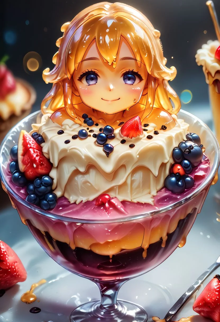 score_9, score_8_up, score_7_up, source_anime, zPDXL2, fluorescent, slime girl, orange skin, smile, looking at viewer, in food, dessert, pudding, strawberry, spoon,
