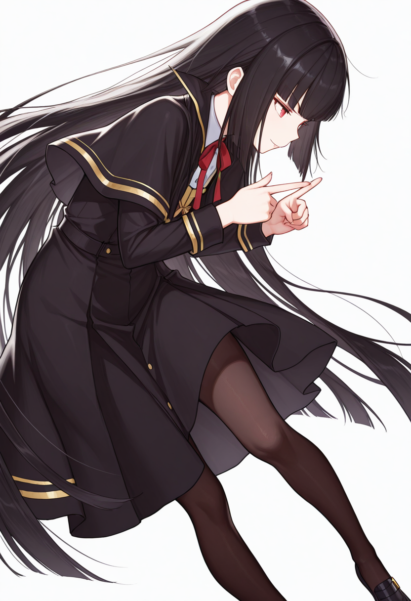 Smooth Quality,masterpiece,very intricate, high quality details, ultra realistic, high detailed skin,detailed enviorement,absurdres,
crossed fingers,
 <lora:Atre_CNR:0.8> atre_cnr, 1girl, black hair, very long hair,blunt bangs, red eyes,black dress,black capelet, pantyhose, long sleeves, ribbon, shoes,, simple background, white background, dynamic angle,solo,, rape face,