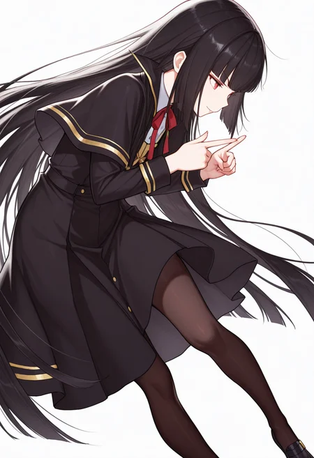 Smooth Quality,masterpiece,very intricate, high quality details, ultra realistic, high detailed skin,detailed enviorement,absurdres,
crossed fingers,
<lora:Atre_CNR:0.8> atre_cnr, 1girl, black hair, very long hair,blunt bangs, red eyes,black dress,black capelet, pantyhose, long sleeves, ribbon, shoes,, simple background, white background, dynamic angle,solo,, rape face,