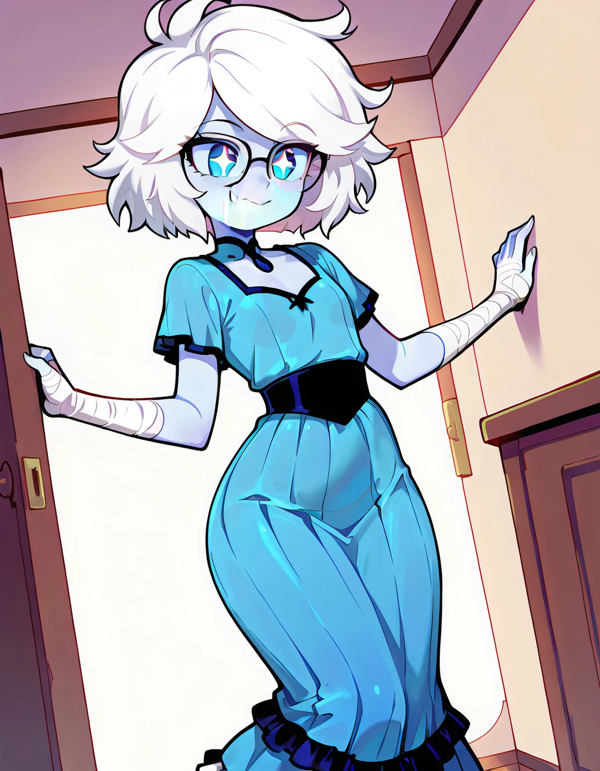 recent, very awa, masterpiece, score 8 up, score 7 up, score 6 up, score 5 up, sky blue skin, white hair, blue eyes, messy hair, short hair, bandaged hands, elegant outfit, frlled dress, blue dress, black trim, frilled skirt, long skirt, blue skirt, star shaped eyes, glasses, fang, demon, sfw, young, CartoonyIllustrious, smile, amazed expression, dynamic angle, indoors, solo, embedding:civit nsfw