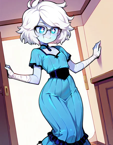 recent, very awa, masterpiece, score 8 up, score 7 up, score 6 up, score 5 up, sky blue skin, white hair, blue eyes, messy hair, short hair, bandaged hands, elegant outfit, frlled dress, blue dress, black trim, frilled skirt, long skirt, blue skirt, star shaped eyes, glasses, fang, demon, sfw, young, CartoonyIllustrious, smile, amazed expression, dynamic angle, indoors, solo, embedding:civit nsfw