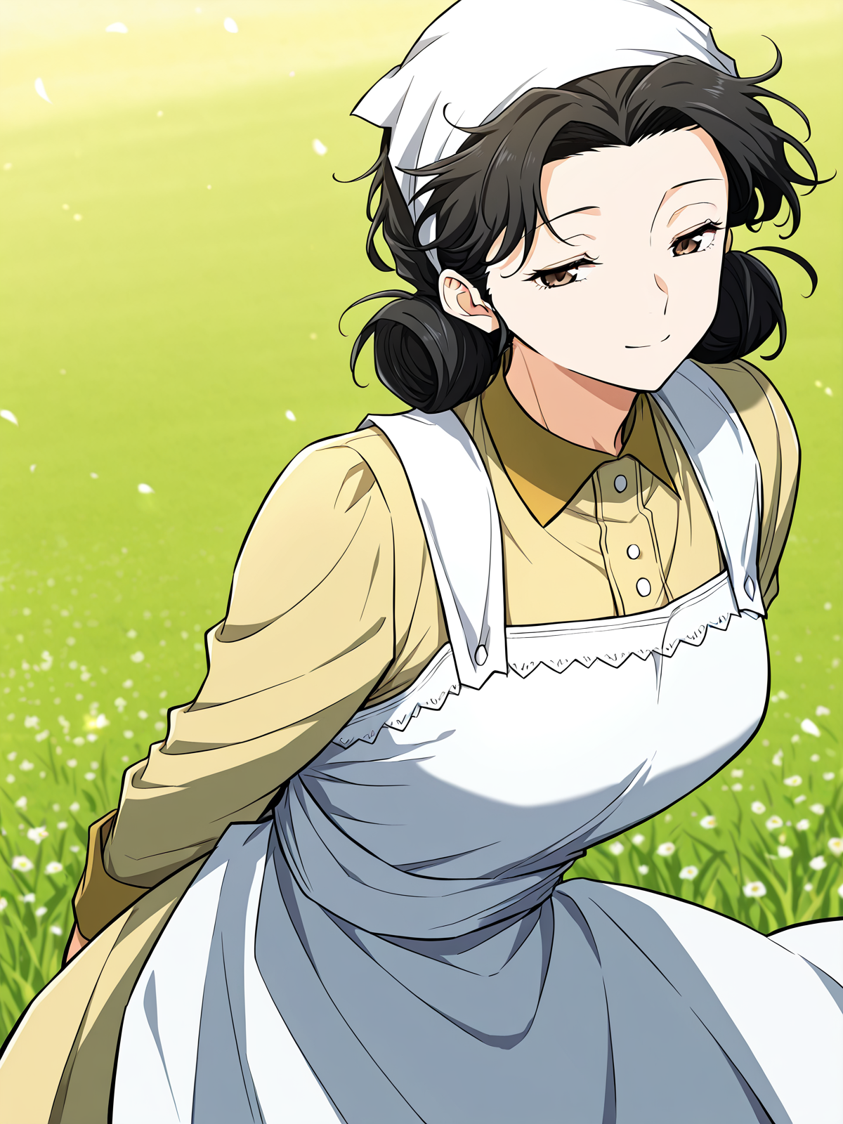 <lora:Emily__The_Greatest_Estate_Designer__Illustrious:1>
1 girl, solo, brown eyes, black hair, hair bun, double bun, short hair, bangs,
shirt, yellow shirt, white apron, head scarf, long sleeves, 
score_9, score_8_up, score_7_up, very aesthetic, source_anime, detailed, high quality, beautiful, masterpiece, detailed eyes, field, blurry background, pose dynamic angle, upper body, cowboy shot, light smile, floating hair, half-closed eyes, hands behind back, leaning forward, looking forward, looking at viewer