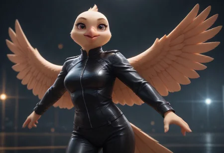 AnthroChick, zzCitronLegacy, score_9, score_8_up.
1girl, pink beak, big wings, big feathers, leather outfit, wide shot, face focus, dynamic pose, soft lighting, bokeh, blurry background