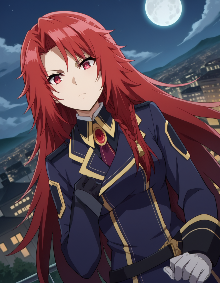 score_9, score_8_up, score_7_up, source_anime,
irismidgar, <lora:iris-midgar-ponyxl-lora-nochekaiser:1>,
iris midgar, long hair, red eyes, braid, red hair,
skirt, gloves, long sleeves, jacket, necktie, white gloves, uniform, military, military uniform,
outdoors, cityscape, night, moon,
looking at viewer, dutch angle,