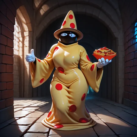realistic, masterpiece, best quality, newest, absurdres, highres, pizzard, solo, full body, hat, polka dot, black eyes, black skin, robe, long sleeves, white gloves, fewer digits, looking at viewer, thumbs up, (holding, nachos:1.2), BREAK, dungeon, perspective