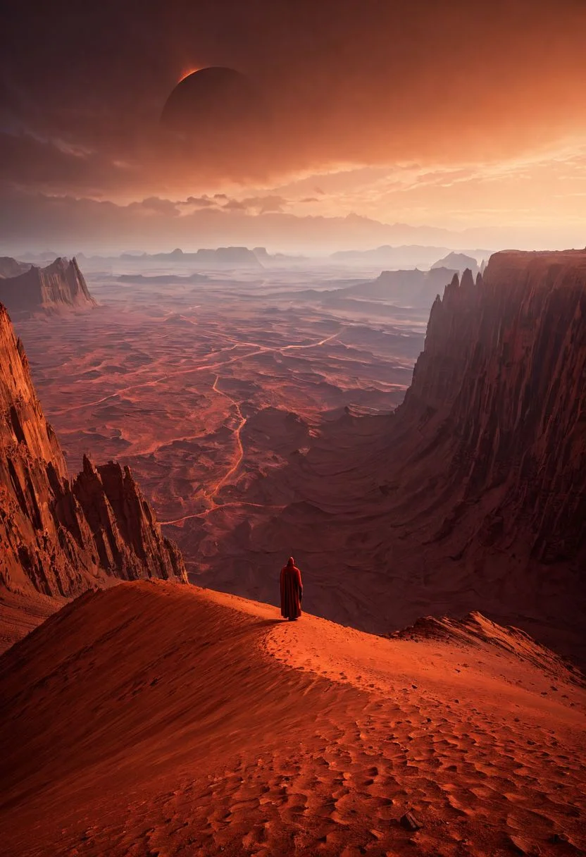 by Michal Karcz, by Arthur Sarnoff, by Marc Simonetti, <lora:3d:0.60>, cinematic photo <lora:juggernaut_cinematic:1.00>,  masterpiece, 
high mountain peek on mars, red soil,  enormous cliffs, humongous distance, size difference, mysterious robed character watching the other side, long journey, longing, loneliness,  elipse in the sky, 
ultra detailed, hyperdetailed, 32K,