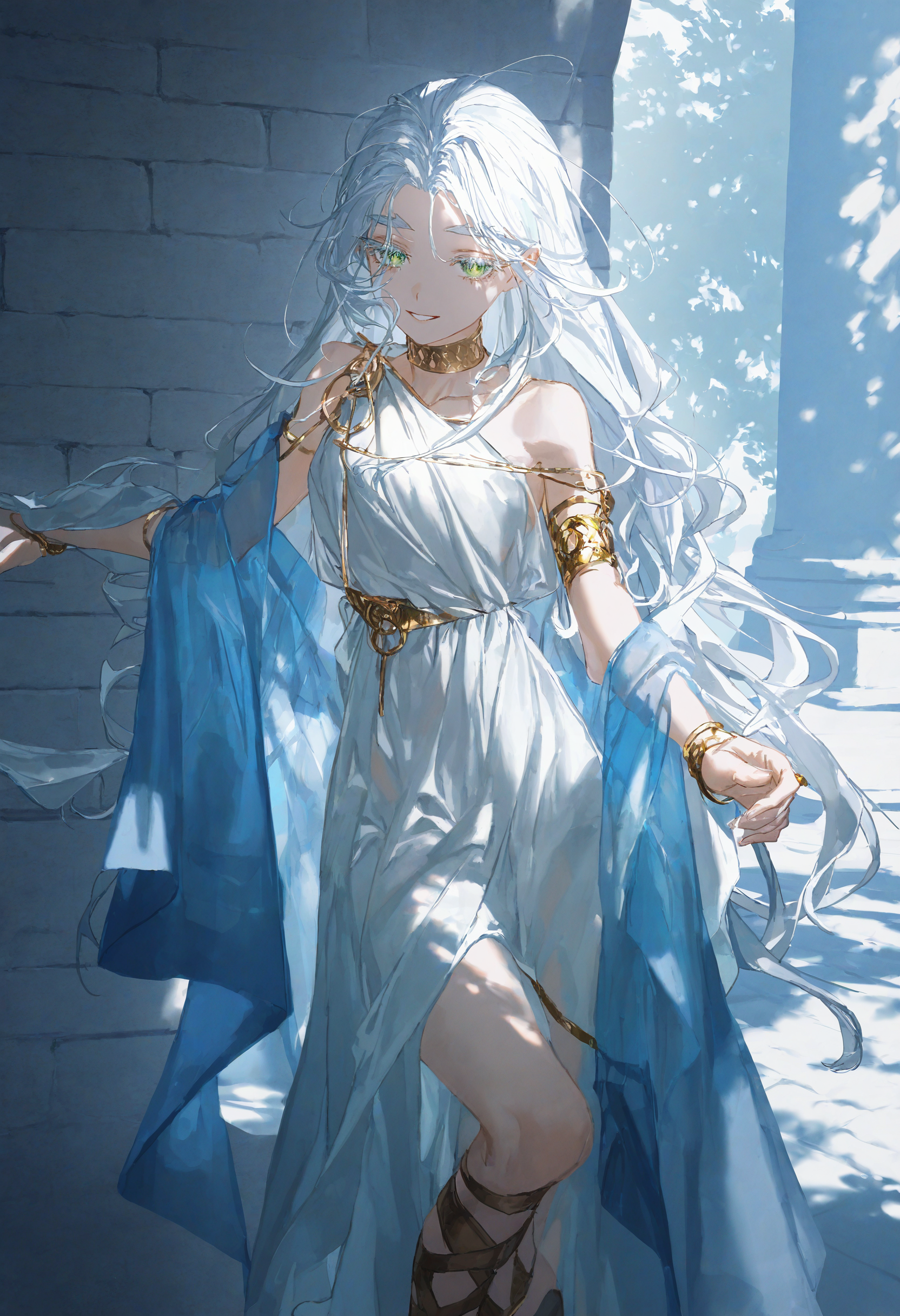 artist:[diyokama|say hana|yoneyama mai|quasarcake],
1girl, solo, toga, white dress, armlet, looking at viewer, ancient greek clothes, see-through clothes, shawl, greco-roman clothes, white hair, loose hair strand, gold choker, bare shoulders, gladiator sandals, foot dangle, parted lips, looking at viewer, colored eyelashes, long eyelashes, half-closed eyes, forked eyebrows, green eyes, smile, greco-roman architecture, tree shade, outdoors,
bright, [blue:gold:0.5] theme, high contrast, backlighting, spot color, impasto,
masterpiece, best quality, very awa, absurdres
<lora:noobai_vpred_1_ ancient_greek_clothes_v1:1>