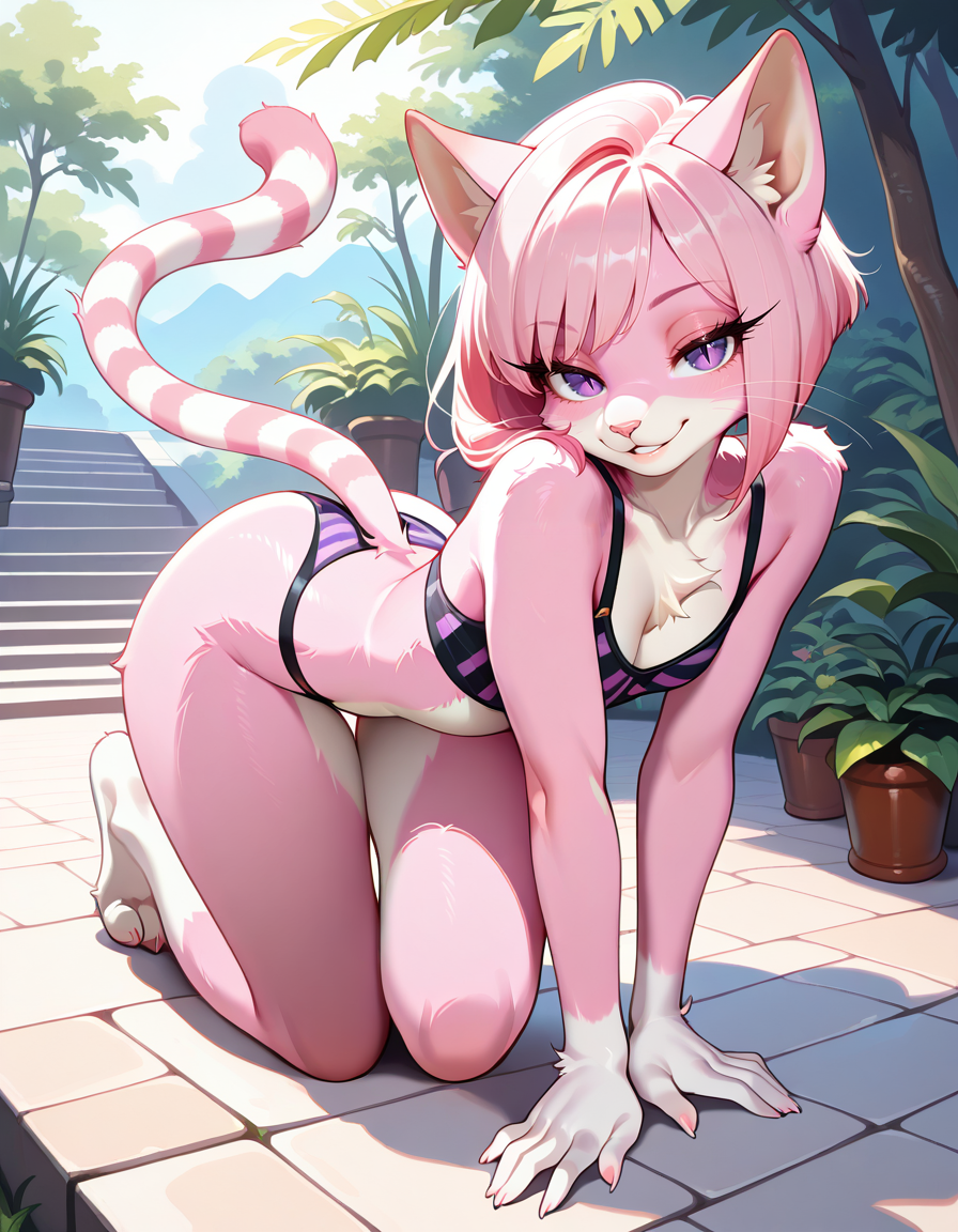 masterpiece, best quality, very aesthetic, absurdres,
outdoors,
full body, seductive smile, parted lips, long eyelashes,
 <lora:CiviChan_v01_NAIXL:1>
CiviChan,1girl,solo,furry,furry female,cat girl,cat ears,short hair,pink hair,purple eyes,slit pupils,snout,animal nose,whiskers,body fur,striped tail,