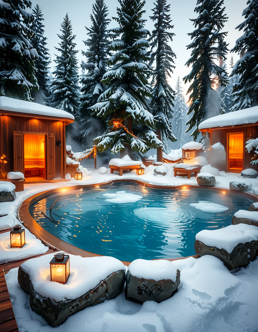 A breathtaking Nordic spa in the heart of a snowy forest, surrounded by tall evergreen trees. The scene captures a steaming outdoor hot pool with crystal-clear water, reflecting the soft glow of ambient lighting. A rustic wooden cabin with a snow-covered roof stands nearby, serving as a relaxation area. Wooden lounge chairs with neatly folded white towels are placed around the pool. A stone pathway, lightly dusted with snow, leads to the water, illuminated by warm, soft lanterns. A few people are seen enjoying the spa, some wrapped in cozy robes while others relax in the steaming water. The atmosphere is serene and tranquil, with mist rising from the hot pool, contrasting with the cold winter air. The lighting is warm and inviting, creating a perfect balance between natural beauty and luxurious comfort.
<lora:SDXLFaeTastic2400:0.4> <lora:extremely_detailed:0.4> extremely detailed, <lora:Nordic_sp4:1>,Nordic sp4, Masterpiece,best quality,hi res,8k,hi res,8k,award winning,(sharp focus, intricate, highly detailed),