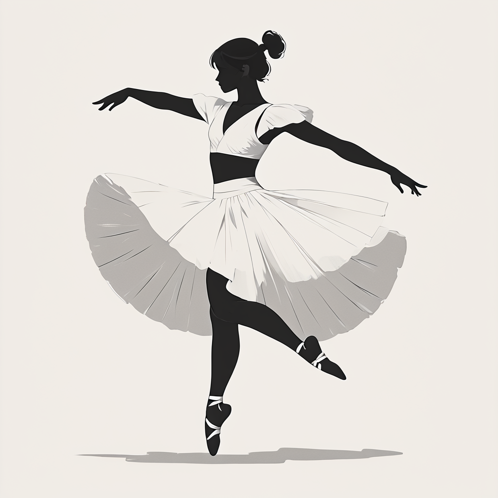 Minimalist Vector Art, ArsMJStyle, A black and white vector of a ballerina in mid-pirouette, with one leg raised and arms elegantly positioned. Her flowing tutu adds a sense of movement. The background is plain white, focusing on the grace of the dancer. The mood is poised and graceful.  ballerina, dance, silhouette, monochrome, greyscale, movement, simple background, white background. core_9, score_8_up, score_7_up, score_6_up, <lora:Minimalist_vector_artPony:1>
