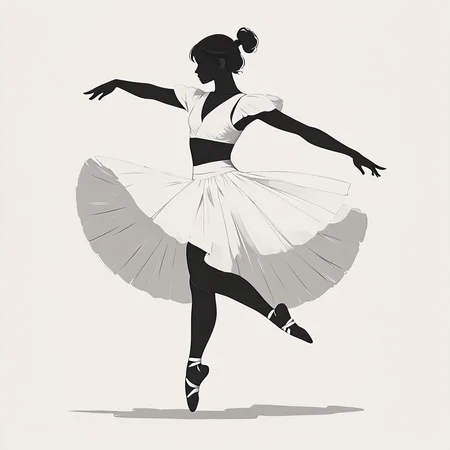 Minimalist Vector Art, ArsMJStyle, A black and white vector of a ballerina in mid-pirouette, with one leg raised and arms elegantly positioned. Her flowing tutu adds a sense of movement. The background is plain white, focusing on the grace of the dancer. The mood is poised and graceful. ballerina, dance, silhouette, monochrome, greyscale, movement, simple background, white background. core_9, score_8_up, score_7_up, score_6_up, <lora:Minimalist_vector_artPony:1>