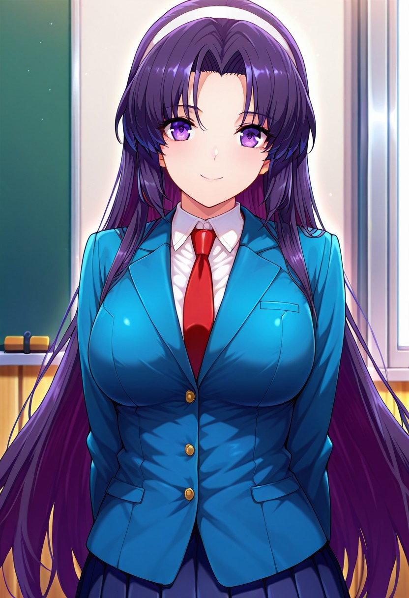 kayoBR, (absurdres, best quality, masterpiece:1.4), amazing quality, highres, newest, detailed, detailed body, detailed face, source anime, anime coloring, beautiful, 
BREAK
1girl, solo, standing, smile, KanaBR, purple hair, purple eyes, long hair, parted bangs, white hairband, school uniform, blazer, blue jacket, white inner shirt, necktie, pleated skirt