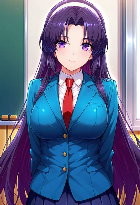 kayoBR, (absurdres, best quality, masterpiece:1.4), amazing quality, highres, newest, detailed, detailed body, detailed face, source anime, anime coloring, beautiful,
BREAK
1girl, solo, standing, smile, KanaBR, purple hair, purple eyes, long hair, parted bangs, white hairband, school uniform, blazer, blue jacket, white inner shirt, necktie, pleated skirt