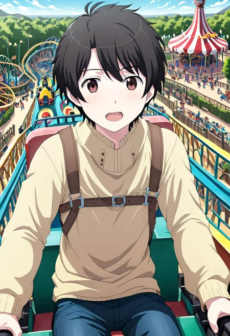 high resolution, solo, best quality, 1Boy, Inaho Kaizuka, Black hair, Brown Eyes, theme park, rides, fun, excitement, OverallDetail