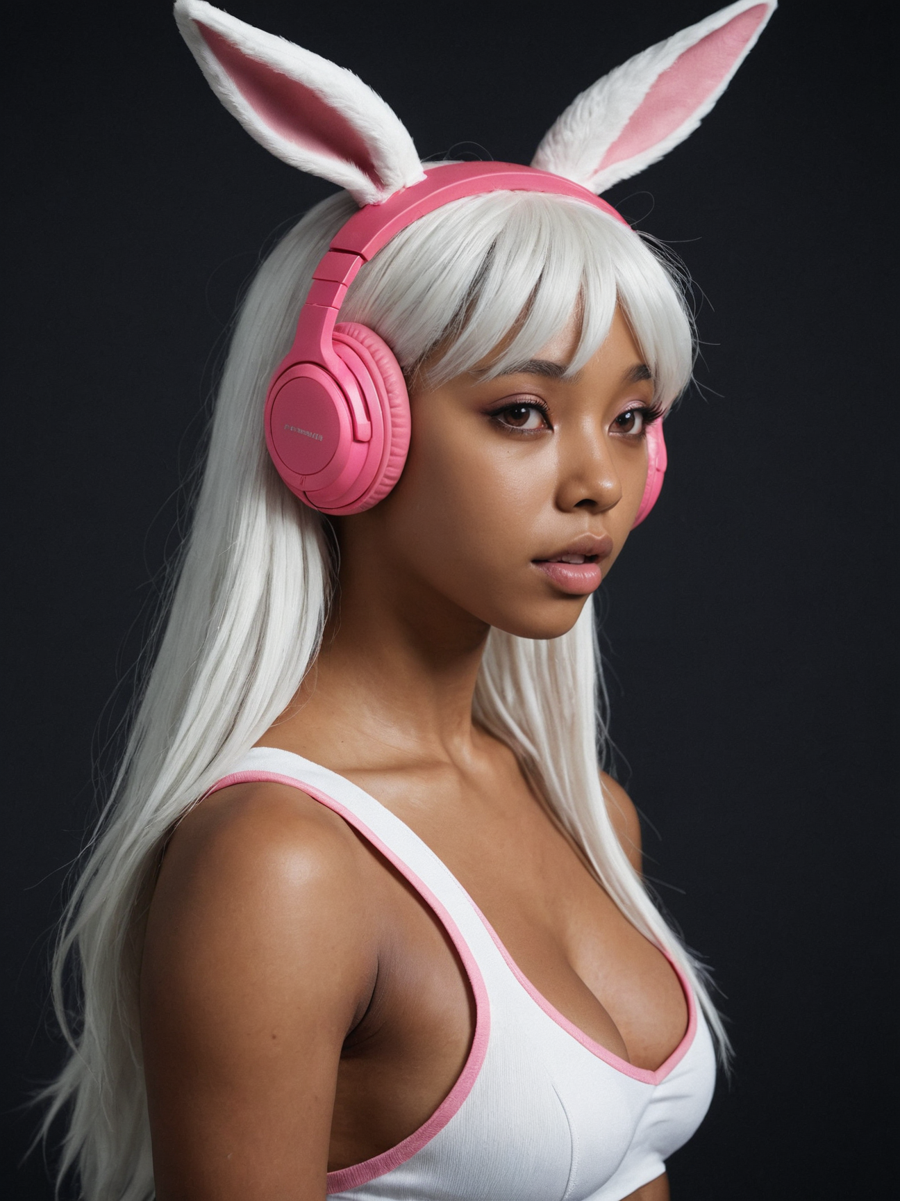from side, 1girlrumi usagiyama, long hair, animal ears, white hair, dark skin, rabbit ears, dark-skinned female, muscular, rabbit girl, muscular female, parted bangs,expressionless,pink visor,glowing visor,headphones ,wire,standing , (empty eyes, pink eyes, no pupils), open mouth, anime screencap, looking at the viewer, photo, raw,realistic