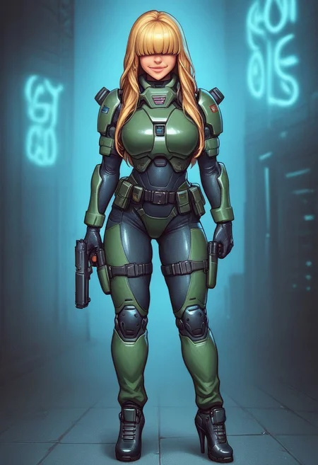 1girl, ((front view))), looking at viewer, highly detailed, from front, 1girl, skinny, looking at viewer, masterpiece, best quality,
raw, extremely detailed, hyperrealism, photo, perfect anatomy, <lora:grewishka_alita_pxl:1> source_photo, source_real, robot, cyborg, android, solo, looking at viewer, 1girl, full body, ((special force camo armor)), high heels, neon_lights, dynamic pose, pistols in hands
BREAK
fang smile, looking at viewer, long hair, ((blonde highlighting hair)), (((hair over eyes, front bangs))), long hair, dynamic pose
best quality, depth of field, bokeh, (((full clothed))), ((special force camo armor)),
BREAK
((((big futuristic gun in hands)))), (big futuristic pistol in hands:1.3), sc-fi soldier, dynamic pose, military camo armor
(((((rooftop, night city, neon lights))))) score_9, score_8_up, score_7_up, score_6_up, source_cartoon, rating_explicit, Expressiveh, (((((full body))))), dynamic pose
