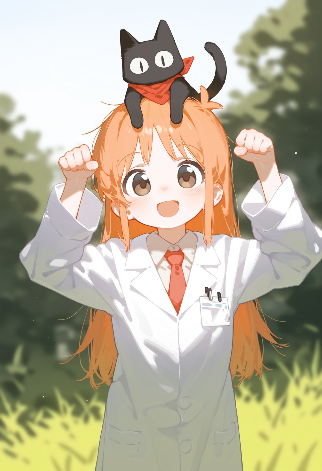 E_0x0194_type5, 
1girl, solo, long hair, looking at viewer, blush, smile, open mouth, shirt, long sleeves, brown eyes, white shirt, upper body, :d, outdoors, necktie, collared shirt, orange hair, blurry, blurry background, animal, cat, red necktie, paw pose, lab coat, bandana, on head, black cat, animal on head, red bandana
, masterpiece, best quality, good quality,
<lora:ai_styles_collection_noob_v29_v5:1>