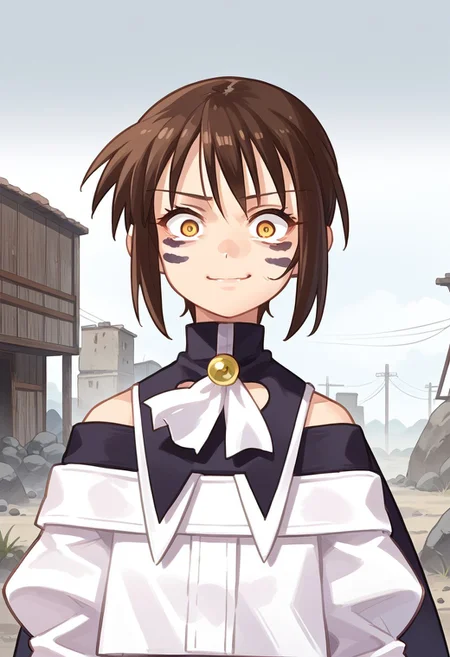 score_8, score_8_up, score_7_up, source_anime, anime screenshot, 1girl, female focus, solo, Natsumi_SN1, Facial Mark, grey skin, pale skin, constricted pupils, yellow eyes, brown hair, short hair, bangs, sidelocks, short hair with long locks, capelet, neck bell, ascot, off-shoulder shirt, bare shoulders, juliet sleeves, long sleeves, upper body, looking at viewer, smug, outdoors, bare tree, rock, grey ground, grey dirt, wasteland