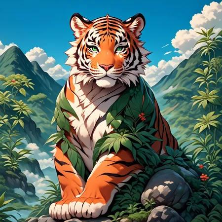 ArsNijiStyle, Tiger, The image is a digital illustration of a tiger sitting on a rock in a mountainous landscape. The tiger is facing the camera with its head turned slightly to the side. Its fur is orange and black striped and its eyes are a piercing green. The background is filled with lush greenery including trees bushes and flowers. The sky is blue with white clouds and the mountains in the distance are covered in green foliage. The overall mood of the image is peaceful and serene., no humans, tiger, outdoors, flower, sky, green eyes, cloud, plant, day, looking at viewer core_9, score_8_up, score_7_up, score_6_up, <lora:Ars_Niji_Style_SDXL:1>