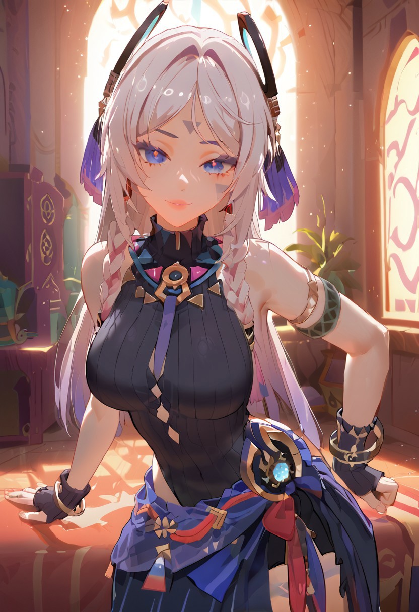 masterpiece, score_9, score_8_up, score_7_up, (best quality:1.1), cowboy shot , face focus, ultra-detailed, high resolution, super detailed skin, Highly Visible, 8k, sharp focus, beautiful, perfect lighting, smooth edges , face focus, seductive smile, (highly detailed face:1.3), high detailed, citlali \(genshin impact\),fingerless gloves, armlet, sarong, facial mark, bracelet, ring hair ornament, turtleneck leotard, wide hips, big ass, (big breasts:1.1),
BREAK, 
Aztecs city, glue house, indoors, day, (Aztecs style:1.1), darkness,masterpiece, best quality, amazing quality, very aesthetic, ultra-detailed, newest, soft lighting,