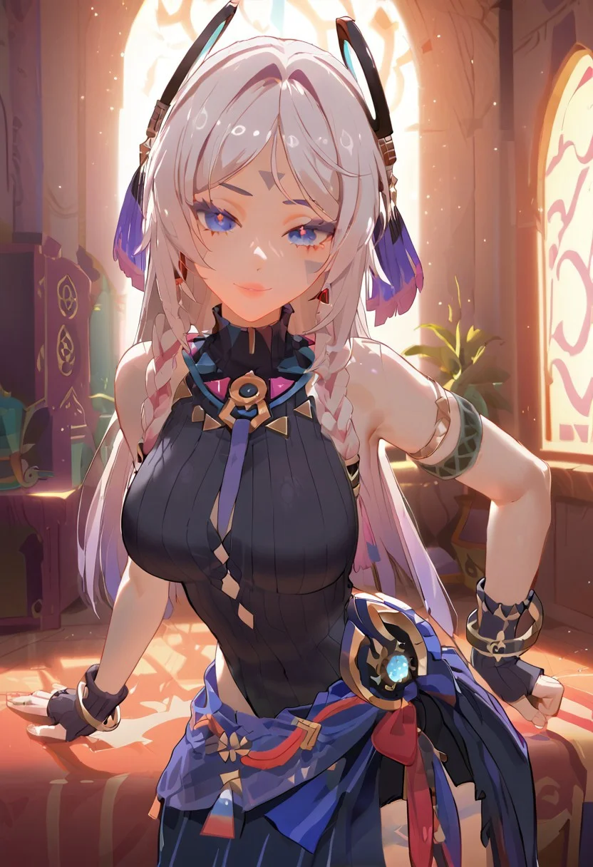 masterpiece, score_9, score_8_up, score_7_up, (best quality:1.1), cowboy shot , face focus, ultra-detailed, high resolution, super detailed skin, Highly Visible, 8k, sharp focus, beautiful, perfect lighting, smooth edges , face focus, seductive smile, (highly detailed face:1.3), high detailed, citlali \(genshin impact\),fingerless gloves, armlet, sarong, facial mark, bracelet, ring hair ornament, turtleneck leotard, wide hips, big ass, (big breasts:1.1),
BREAK,
Aztecs city, glue house, indoors, day, (Aztecs style:1.1), darkness,masterpiece, best quality, amazing quality, very aesthetic, ultra-detailed, newest, soft lighting,