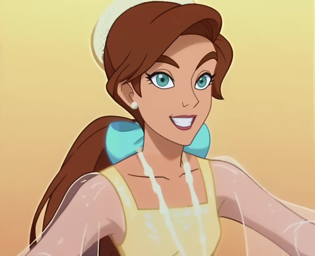 score_9, score_8_up, score_7_up, score_6_up, score_5_up, score_4_up, anime screencap, anime coloring, source_cartoon, <lora:Anastasia_Full-000007:1> ,yldre, brown hair, aqua eyes, long hair, ponytail, bow, yellow dress, see-through sleeves, necklace, portrait, smile, looking at viewer,